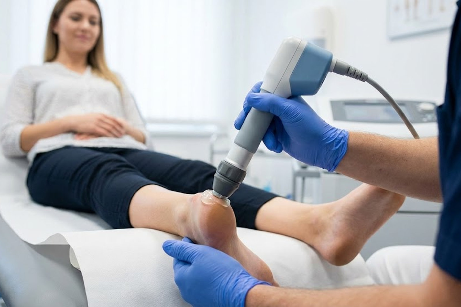 A podiatrist delivering shockwave therapy to a patient’s heel